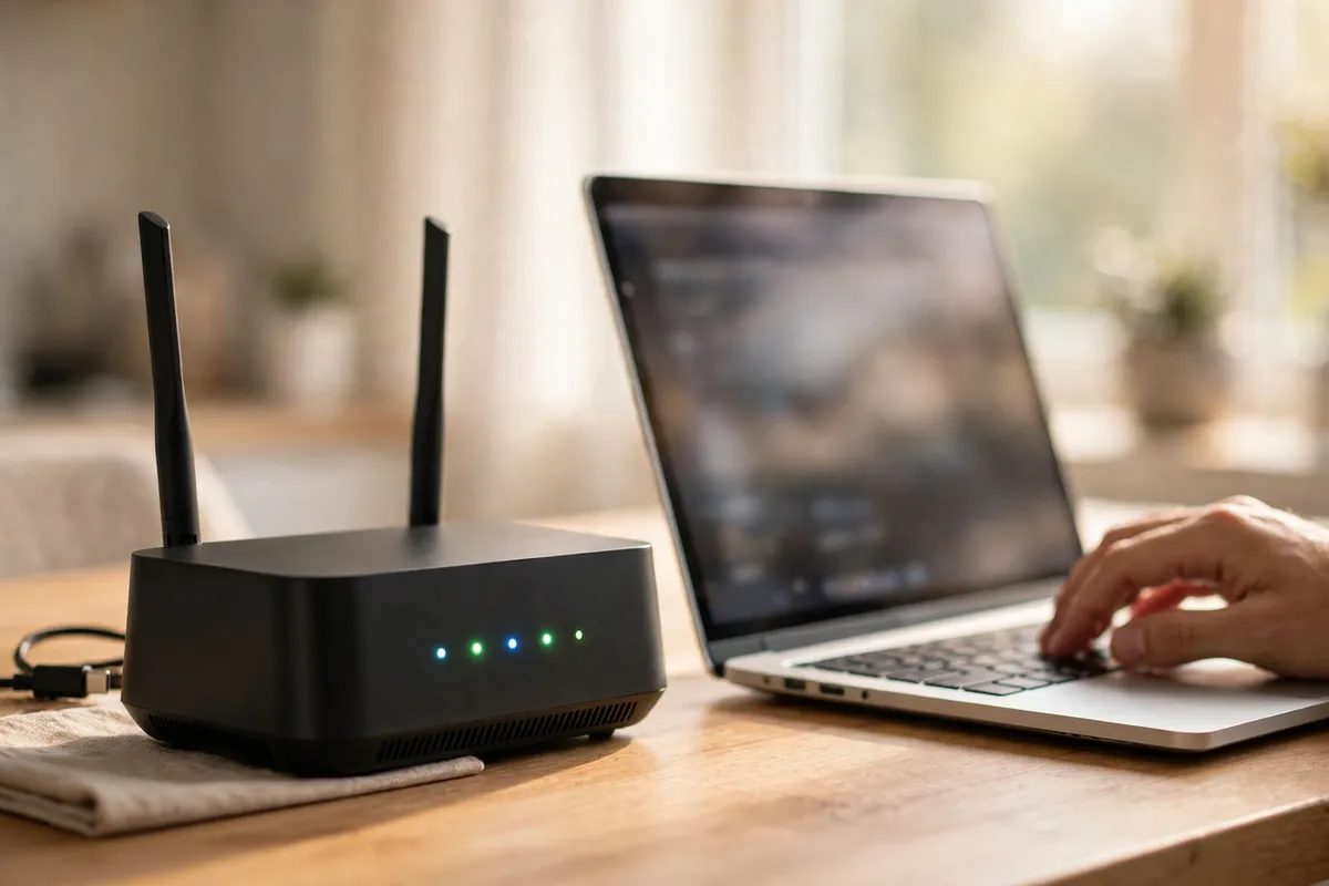 A black home router with glowing status lights on a wooden desk next to a laptop, where a person is opening the router admin panel to secure it.