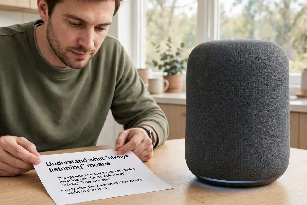 A person performing step 1: Understand what “always listening” means. The speaker processes audio on-device listening only for its wake wo.