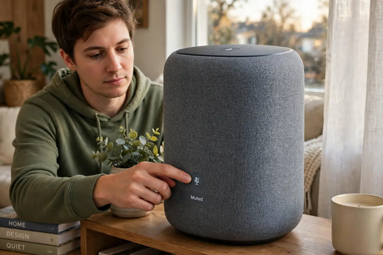 A person pressing the physical mute button on a real smart speaker on a living room shelf, the speaker's light ring off, the person's face calm and in.