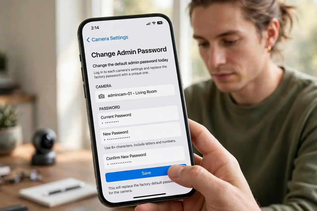 A person performing step 1: Change the default admin password today. Log in to each camera's settings (usually via its app or a web page) .