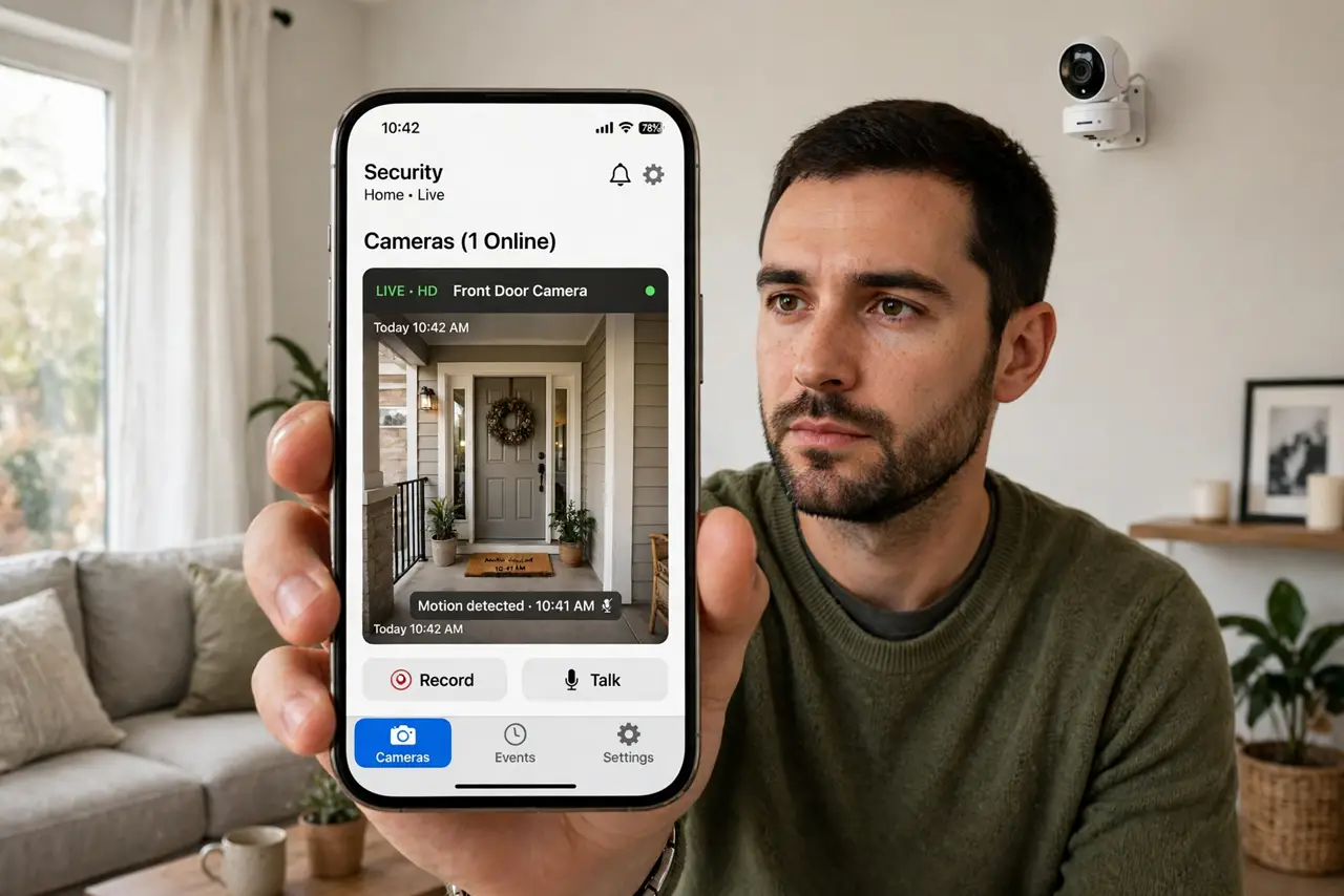 A person holding a real smartphone showing a home security camera app with legible interface, a small Wi-Fi camera mounted on a wall behind them, the person's face.