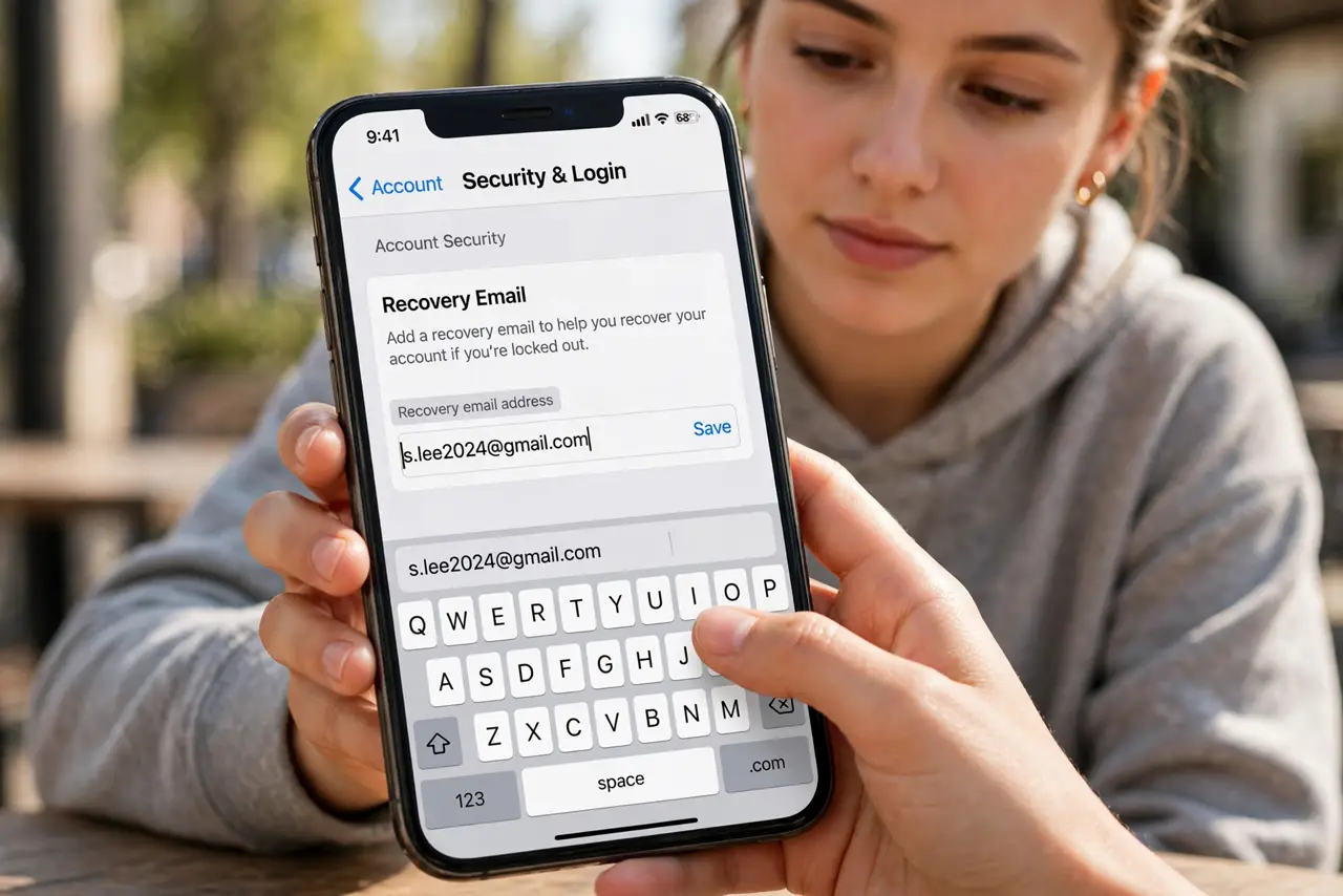 A person carrying out step one: add a recovery email.