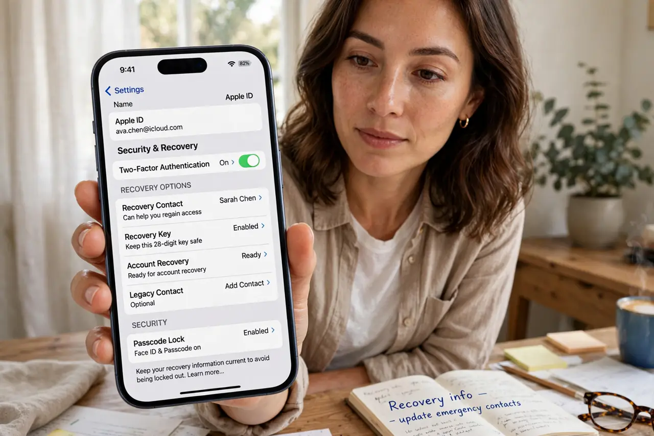 A person holding a real iPhone showing a legible account security settings screen with recovery options listed, the person's face calm and focused, home office…