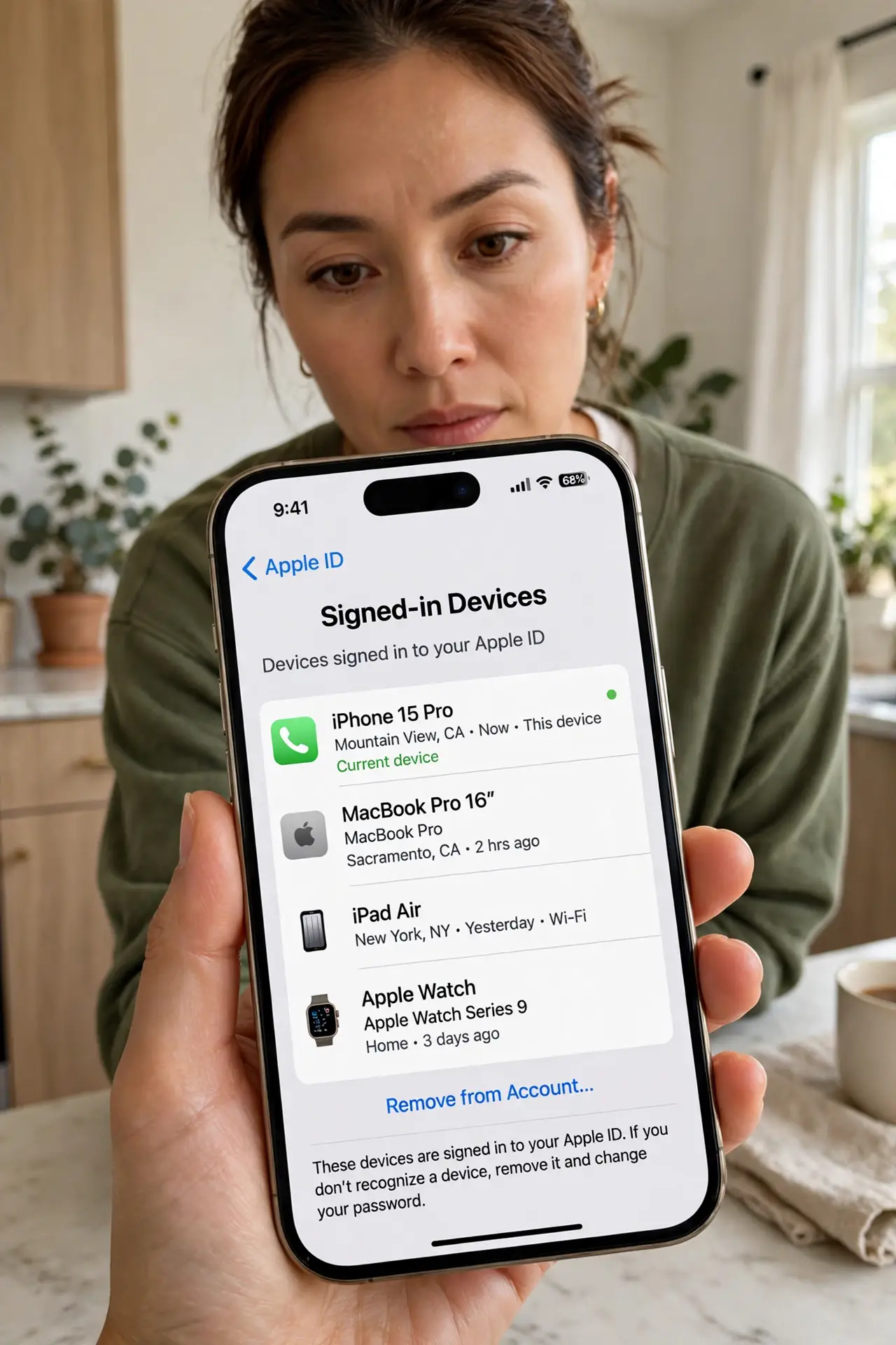A person holding a real iPhone showing a legible list of signed-in devices in account security settings, the person's face alert and focused, home.