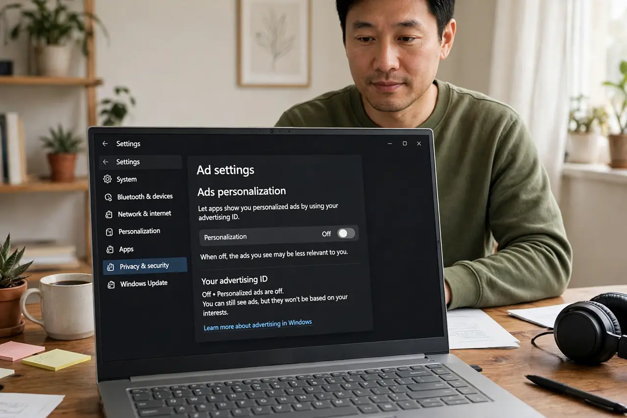 A person at a real laptop showing a legible ad settings page with a personalization toggle switched off, the person's face calm, home office.