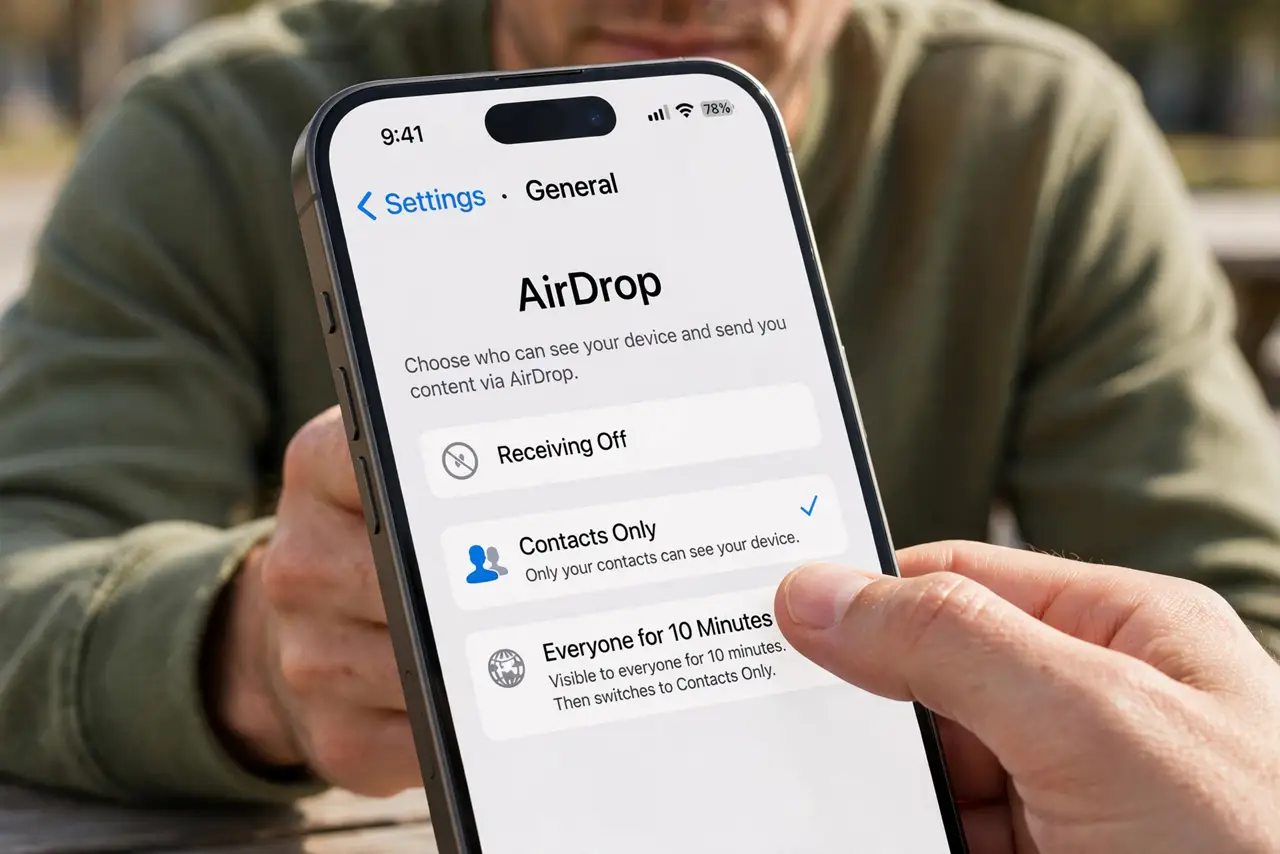 A person carrying out step one: set airdrop to contacts only.