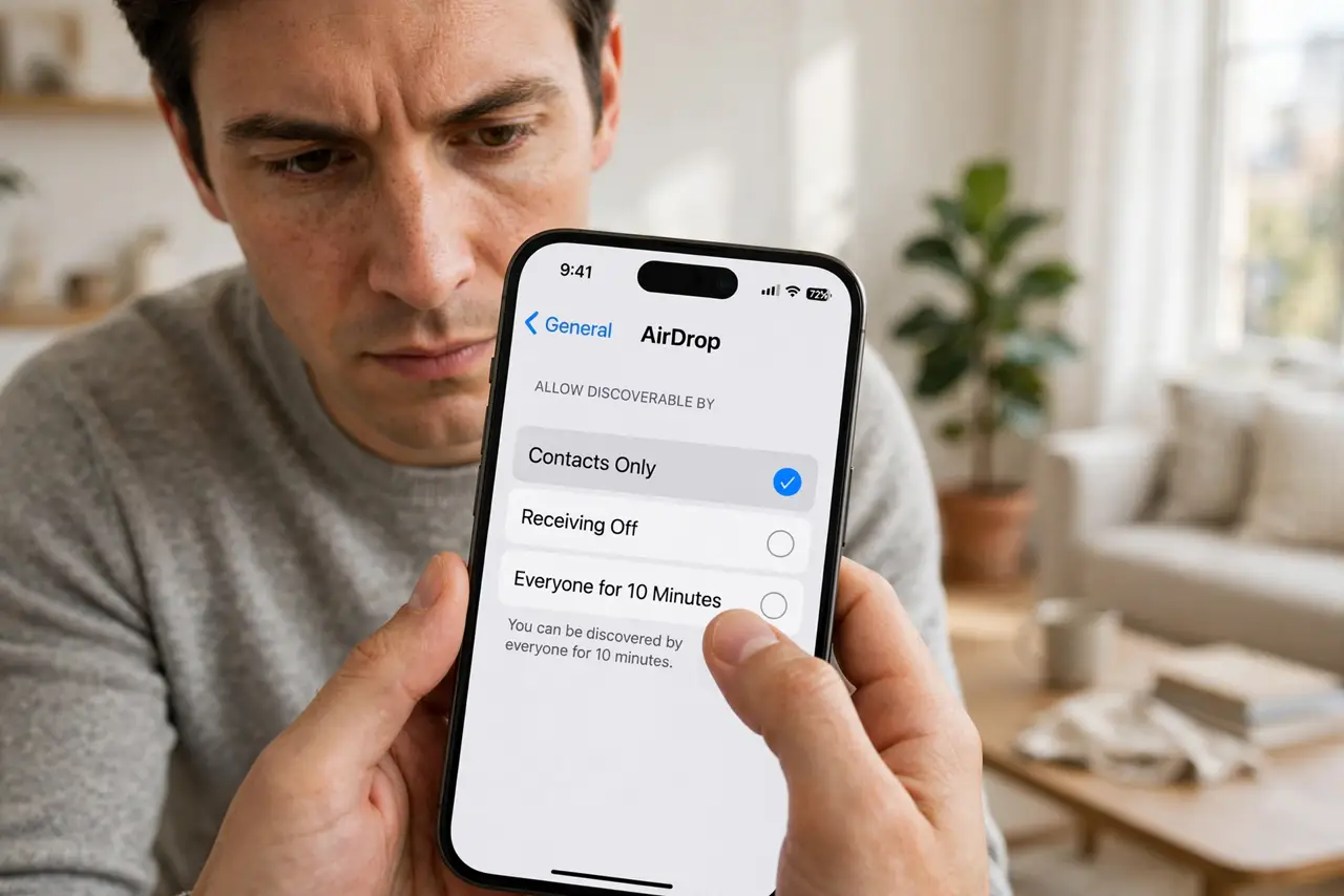 A person changing AirDrop settings on a real iPhone with the options legible on screen, the person's face serious and focused, bright living room.