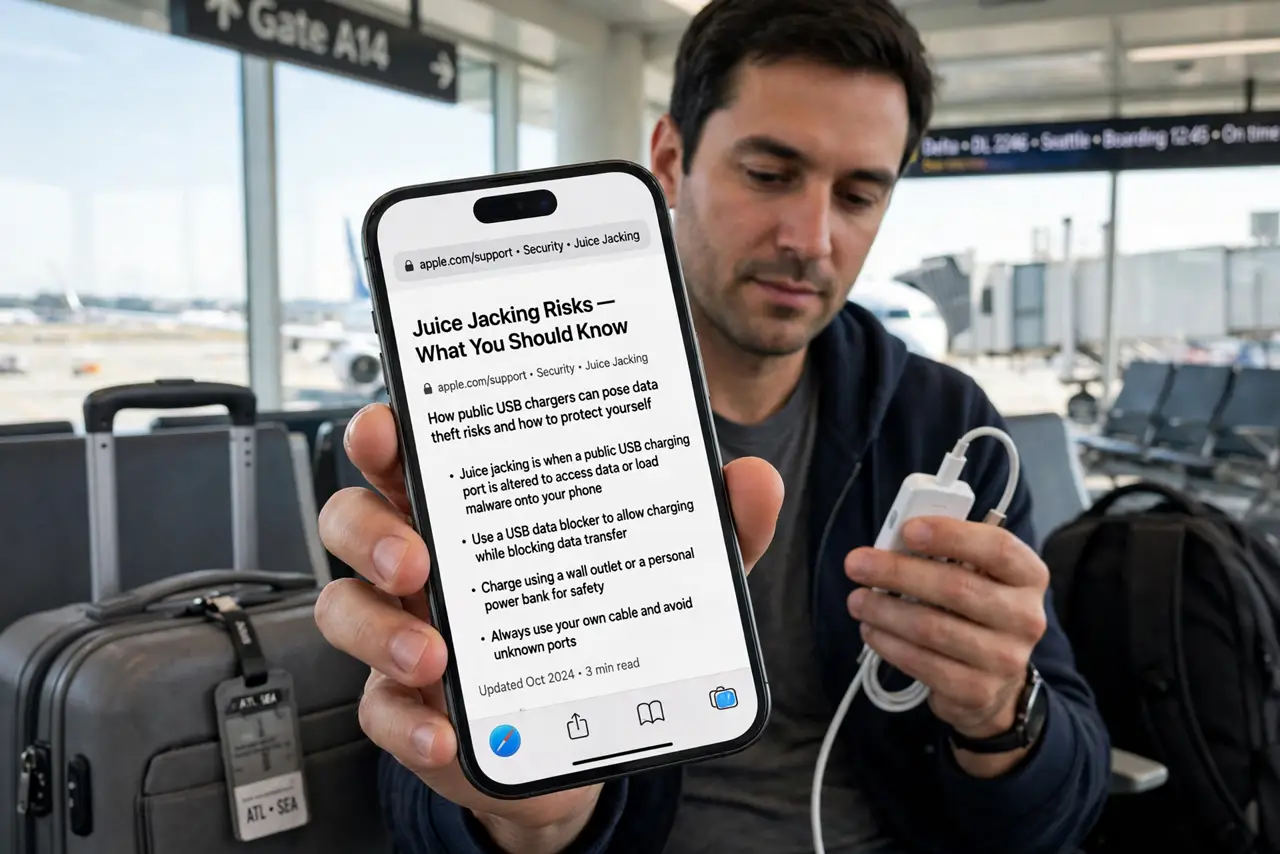 Photoreal photo of a person performing the first step: Understand the real risk. Public USB ports carry data lines, not just power. A compromised station could attempt to access data or install malware — d...