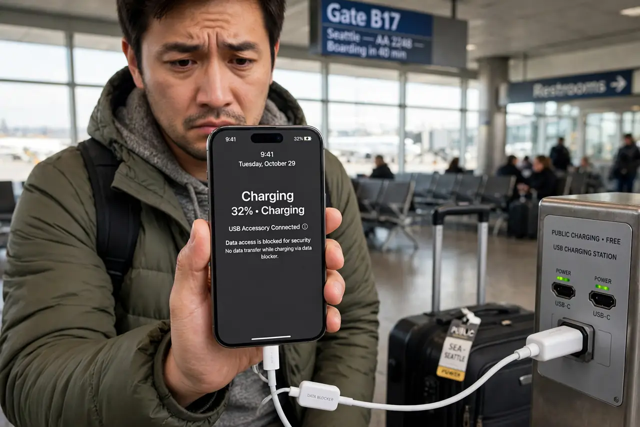 Photoreal photo: a worried-looking traveler at an airport gate holding a real iPhone connected through a small white USB data blocker to a public charging station, a carry-on bag beside them, face cautious but alert. No