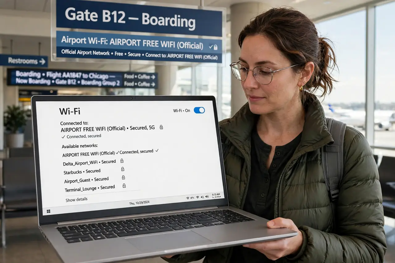 Photoreal photo of a person performing the first step: Join the real network, not the evil twin. Attackers set up hotspots named almost like the official one ('Airport_WiFi_Free'). Check the exact network ...