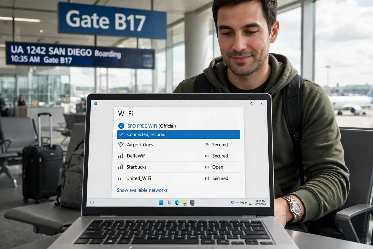 Photoreal photo: a relaxed traveler at an airport gate using a real laptop showing a legible Wi-Fi network list with the official airport network highlighted, the person's face calm and aware. No black screen, no blank w