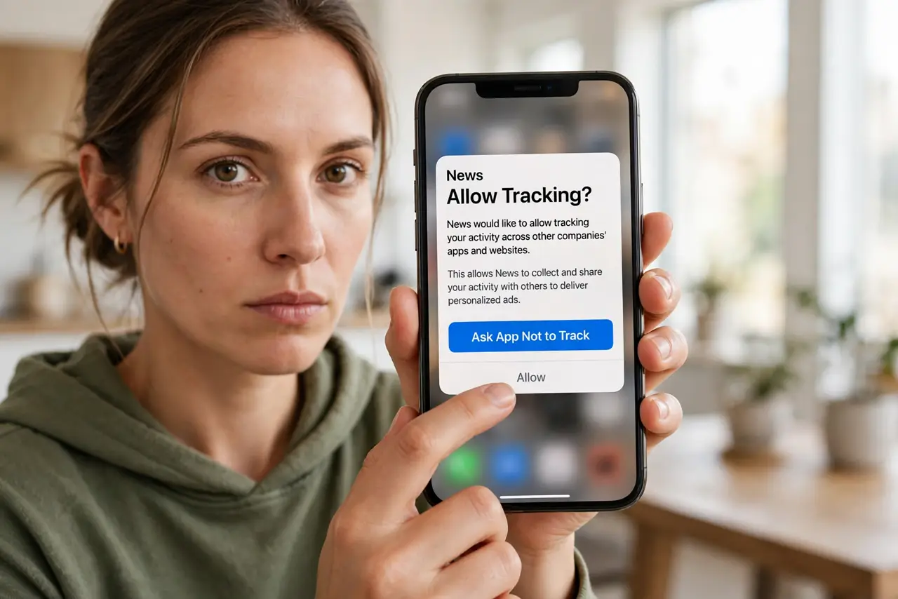 A person holding a real iPhone showing the legible Allow tracking permission popup over an app, thumb hovering over the Ask App Not to Track button, the person's face decisive, bright room.