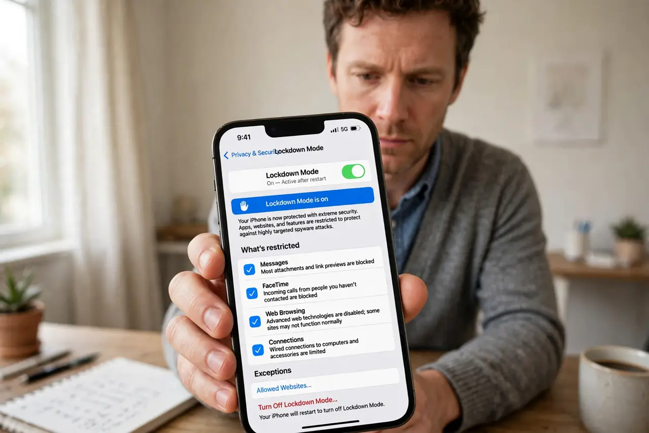 A serious person holding a real iPhone showing the Lockdown Mode settings screen legible, the person's face focused and deliberate, quiet home office.