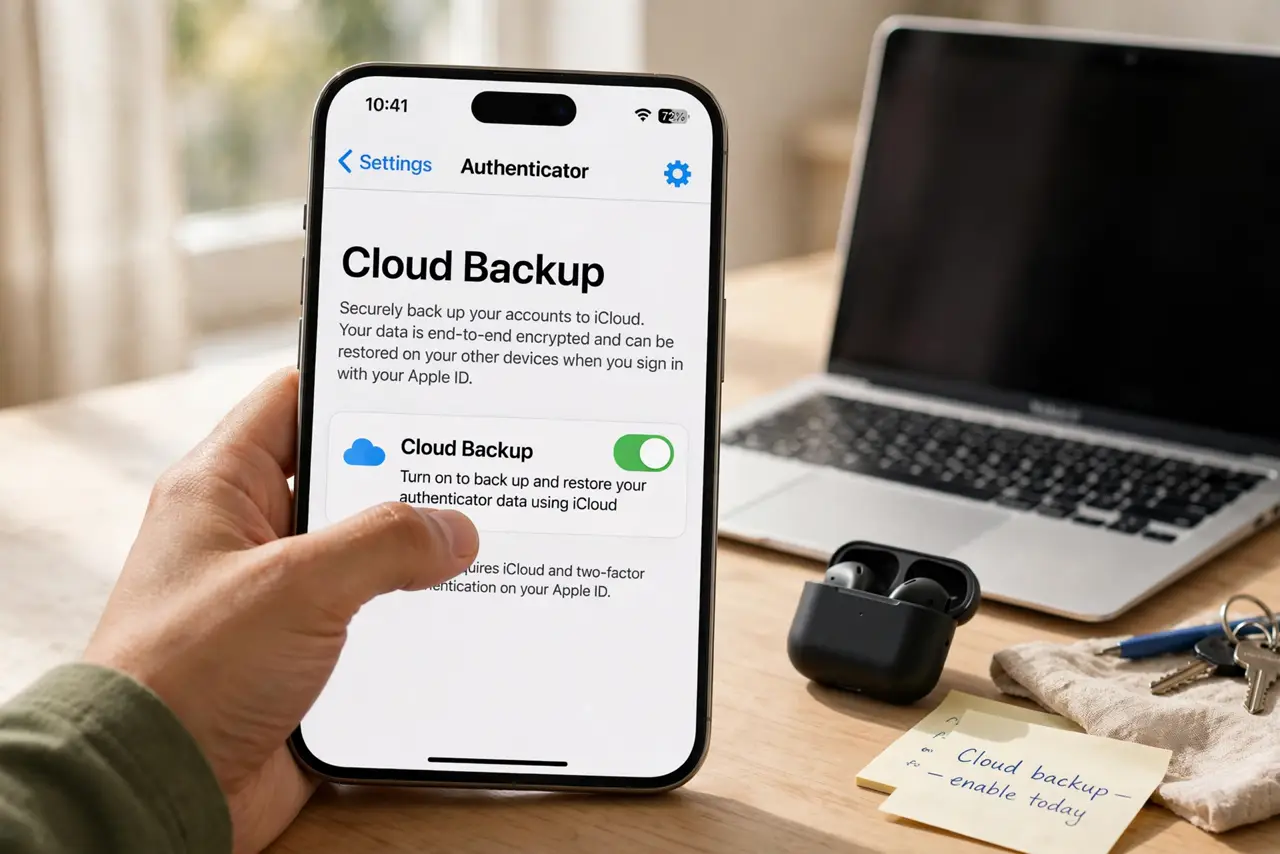 A person carrying out step one: turn on cloud backup today.