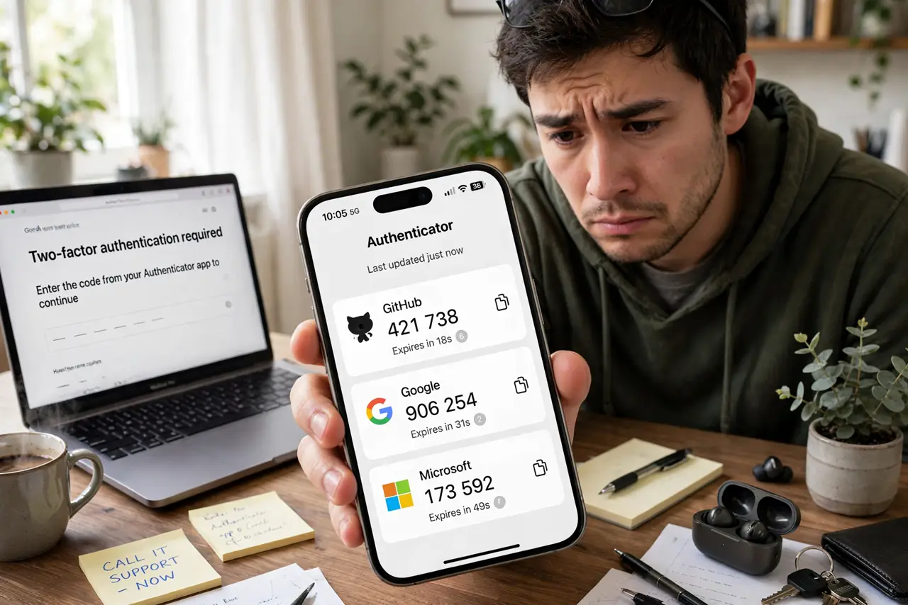 A worried person holding a real phone showing an authenticator app with codes legible on screen, a second device beside it, the person's face anxious but…