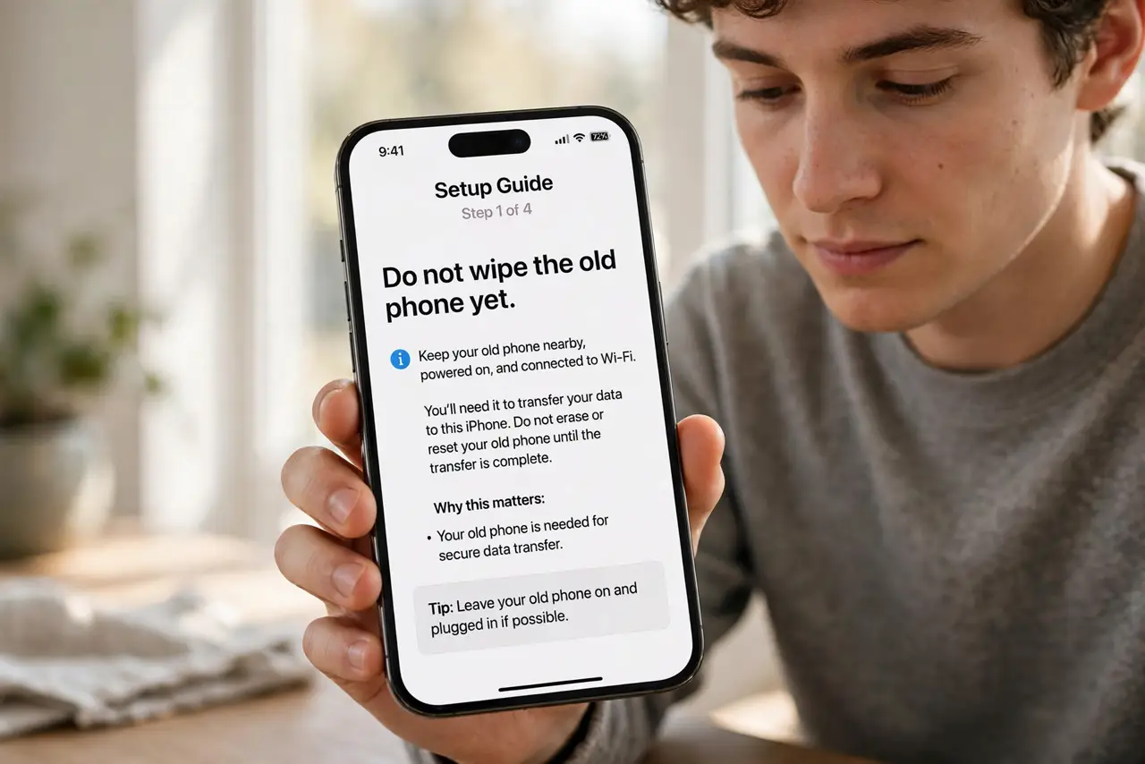 A person doing the guide's first step: Do not wipe the old phone yet.