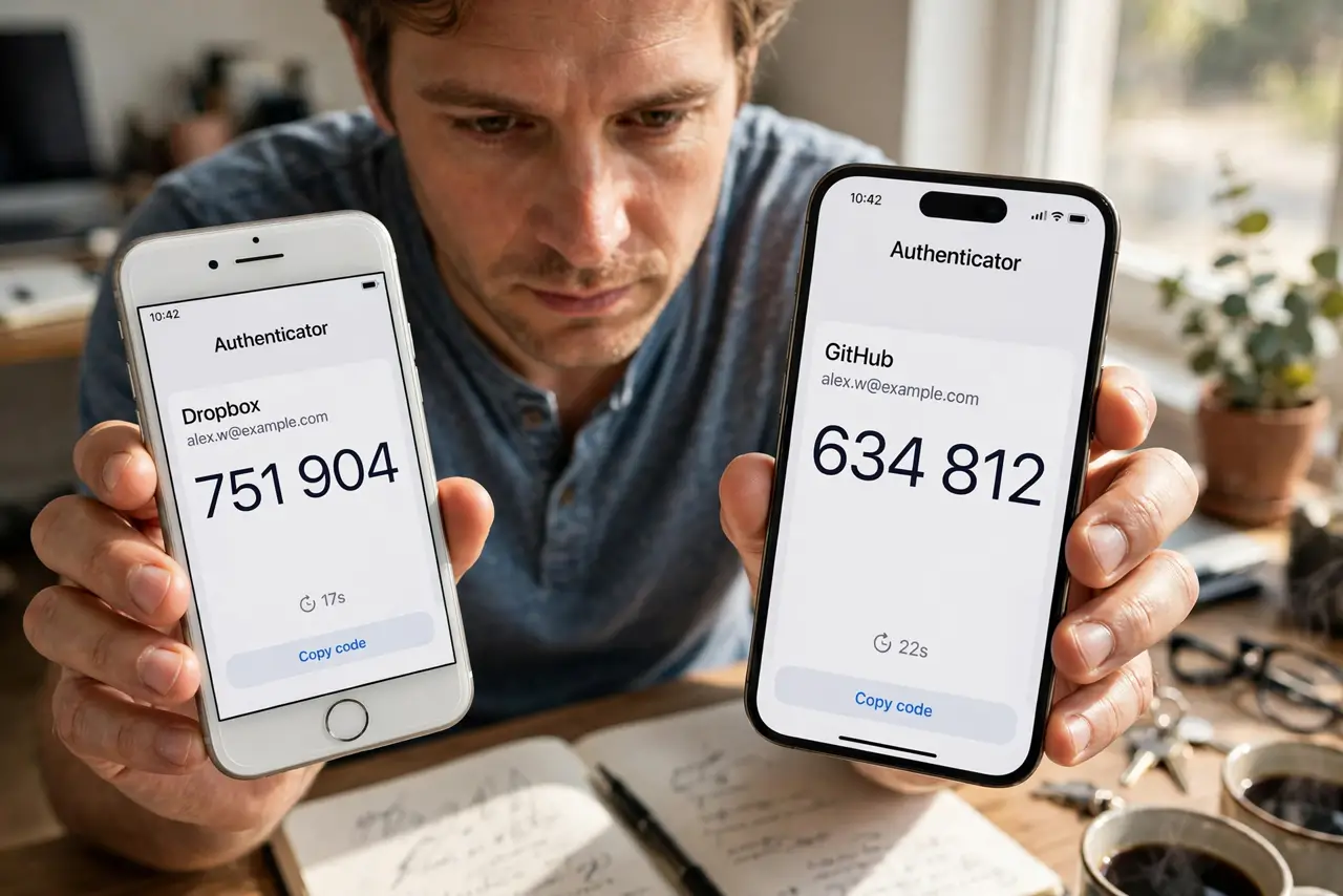 A person holding a new real iPhone in one hand and an old real iPhone in the other, both screens showing an authenticator app with legible codes, the person's face focused, desk setup.