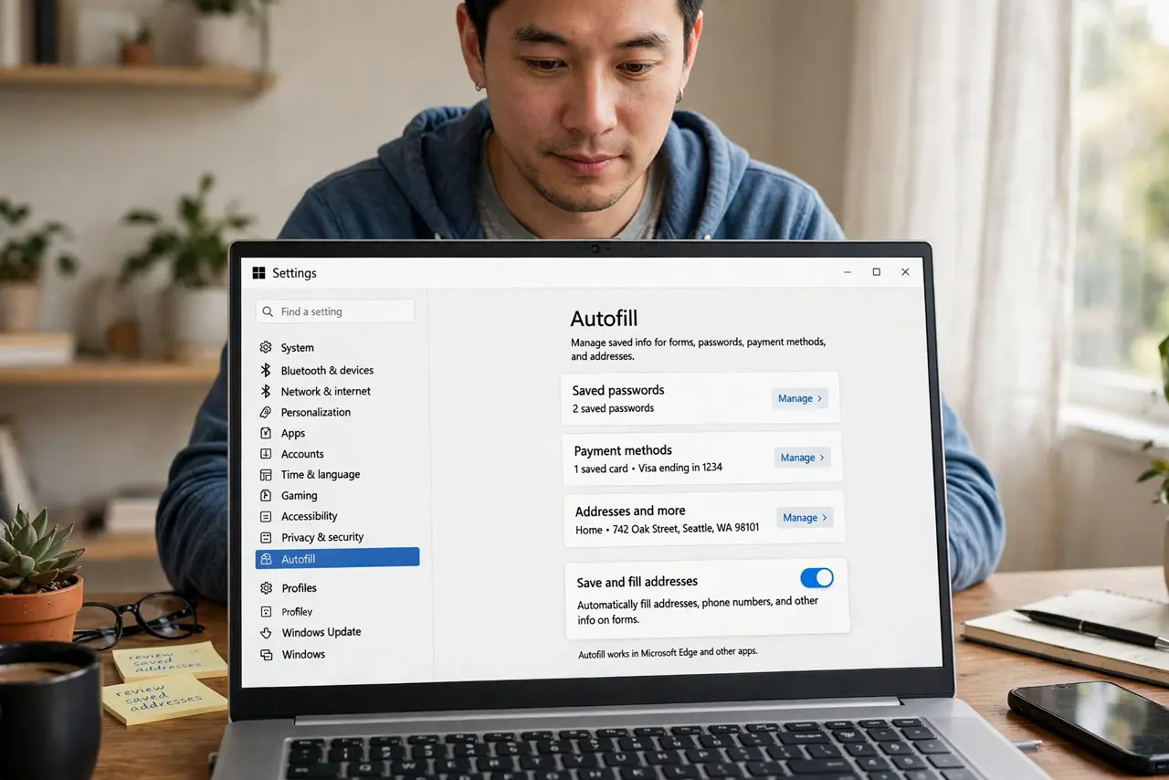 Photoreal photo of a person performing the first step: See what your browser stored. In Chrome or Edge: Settings, then Autofill. In Firefox and Safari