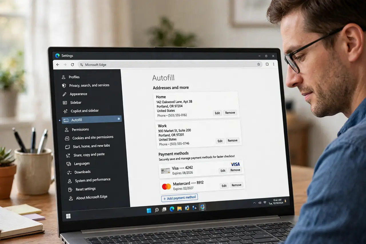 Photoreal photo: a person reviewing real browser settings showing a legible autofill addresses and payment methods screen, the person's face calm and focused, home desk. No black screen, no blank white screen, no fake or garbled scree