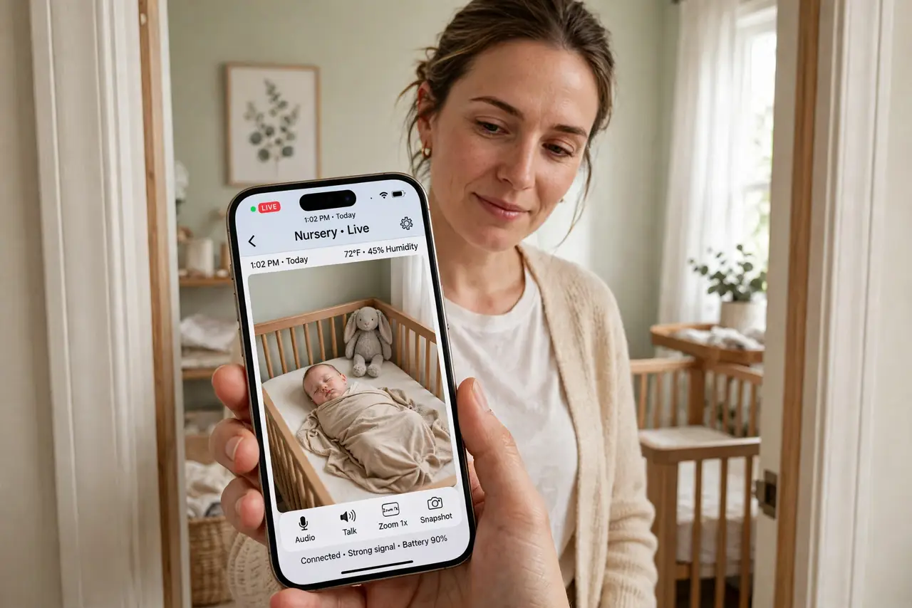 A parent holding a phone showing a baby monitor live feed of a crib with the baby sleeping, standing in a softly lit nursery doorway, face calm and reassured.
