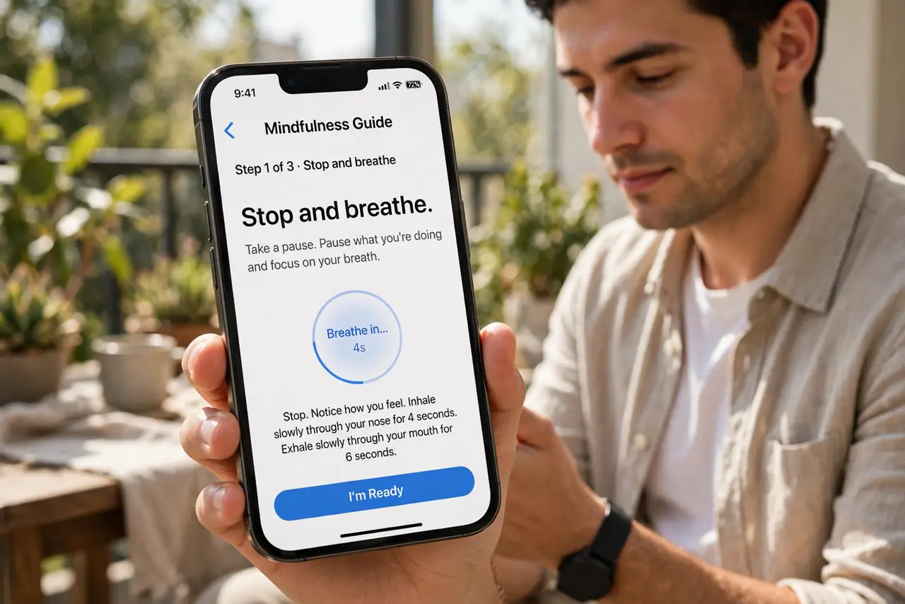 A person doing the guide's first step: Stop and breathe.