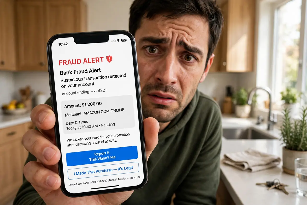 A nervous person holding a real iPhone showing a bank fraud alert text with legible text on screen, the person's face anxious, kitchen interior.