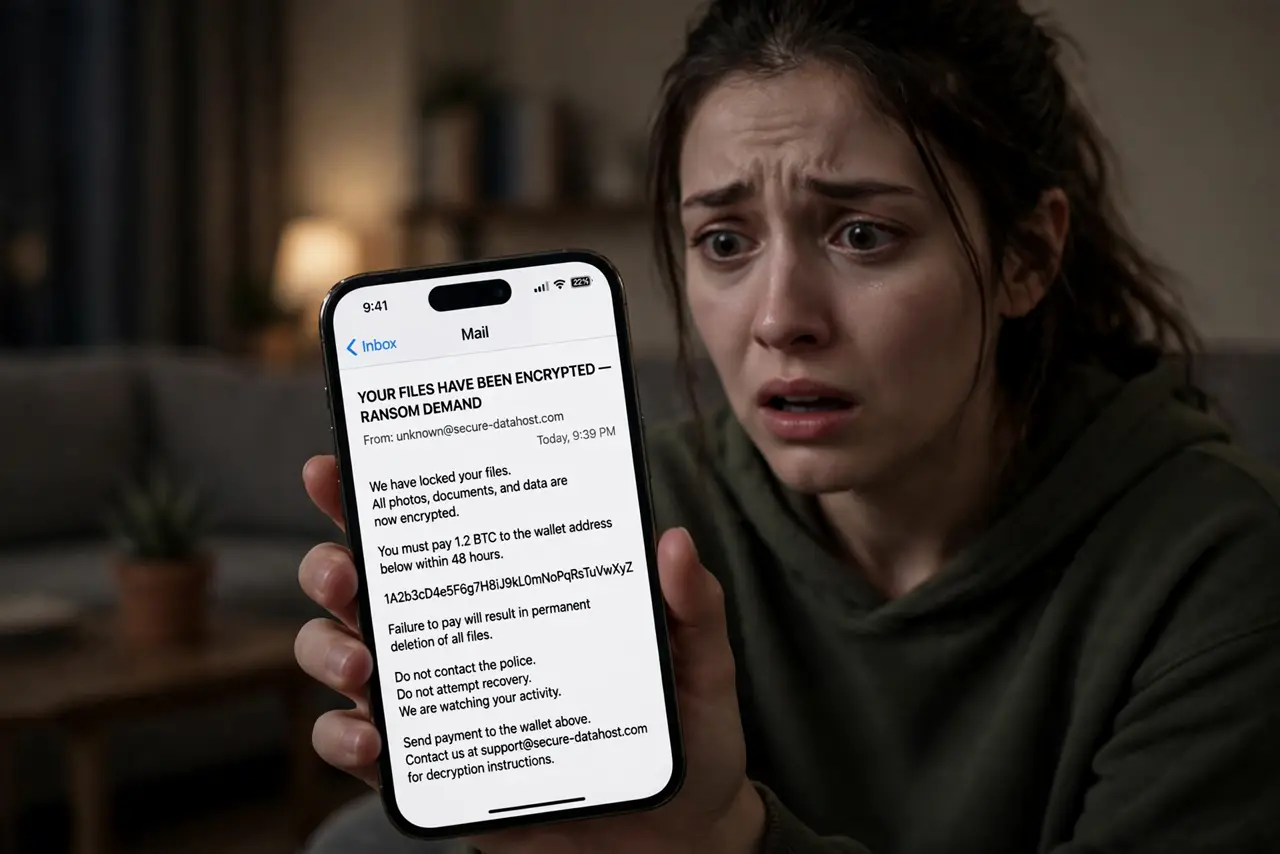 A frightened person holding a real iPhone showing a threatening ransom email with legible text on screen, the person's face scared, dim living room.