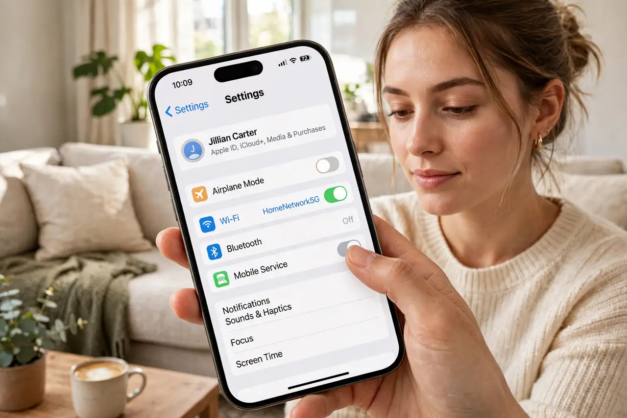 A person toggling Bluetooth off on a real iPhone in Settings with legible text, the person's face calm, bright living room.