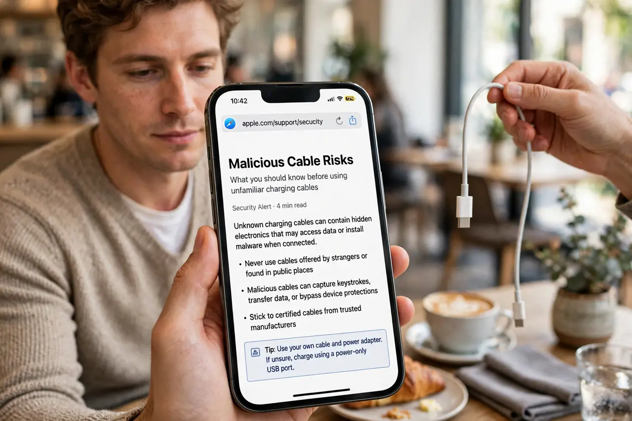 Photoreal photo of a person performing the first step: Understand the two risks. Risk one: a malicious cable with a hidden chip that acts like a keyboard or storage device when plugged in. Risk two: a comp...
