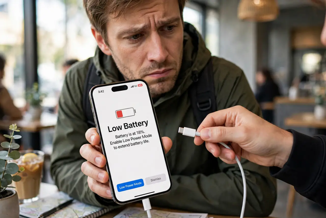 Photoreal photo: a cautious traveler in a café holding a real iPhone, hesitating before plugging in a stranger's offered charging cable, the person's face wary and thoughtful. No black screen, no blank white screen, no f