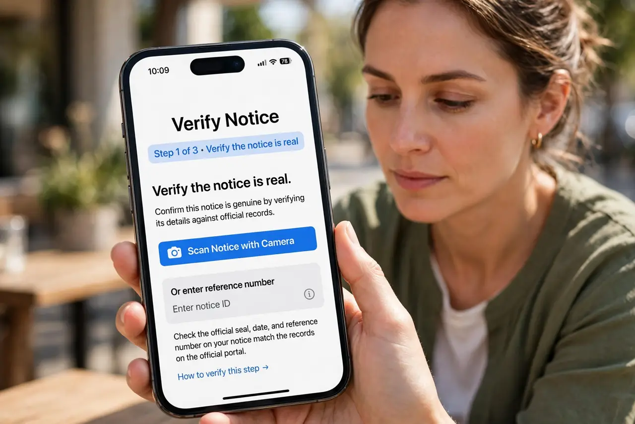 A person doing the guide's first step: Verify the notice is real.