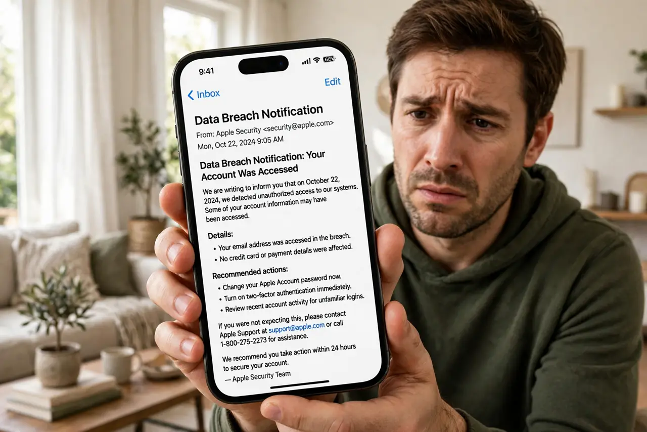 A concerned person holding a real iPhone showing a data breach notification email with legible text on screen, the person's face worried, living room.