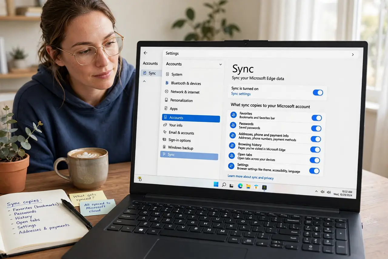 Photoreal photo of a person performing the first step: Understand what sync copies. Bookmarks, passwords, history, open tabs, settings, extensions -- 