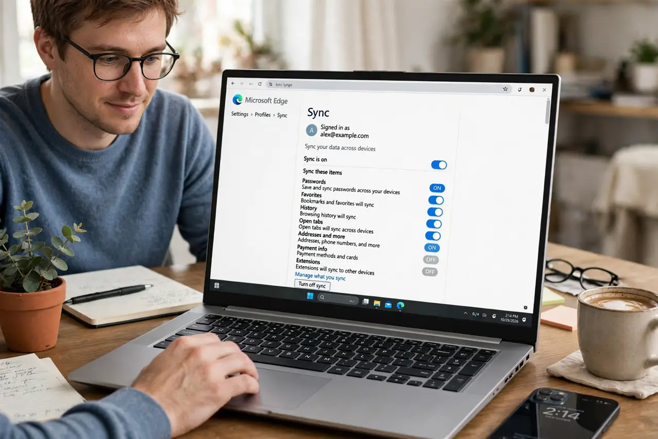Photoreal photo: a person signing into real browser sync settings showing a legible sync options screen with toggles, the person's face calm, home desk with phone and laptop. No black screen, no blank white screen, no fake or garbled 