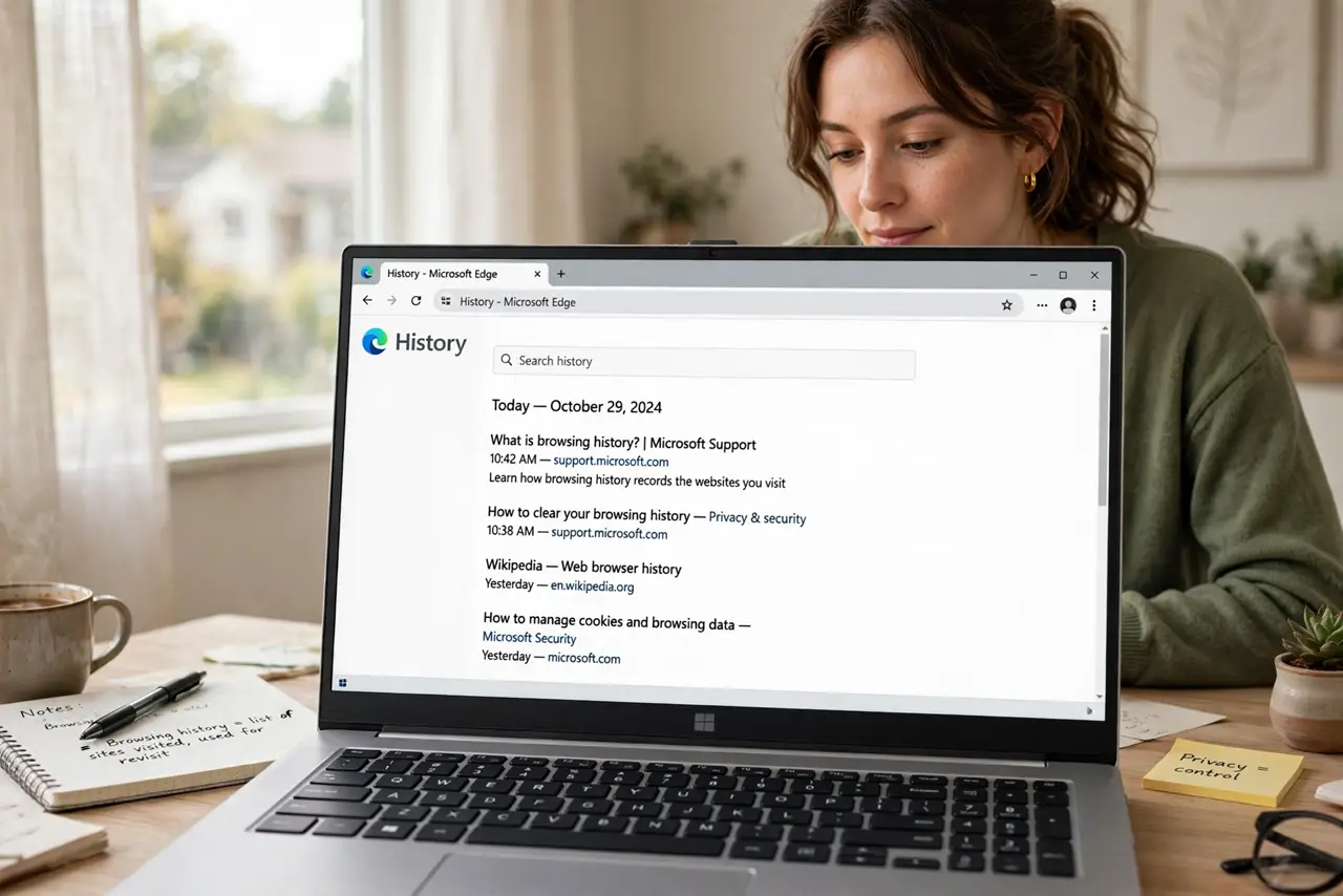 Photoreal photo of a person performing the first step: Understand what history is. The history is your browser's local log of visited pages, powering