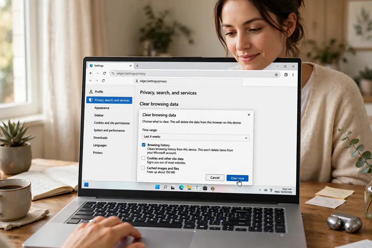 Photoreal photo: a person clicking a clear-browsing-data dialog in real browser settings with a legible browsing-history checkbox, the person's face calm, home desk. No black screen, no blank white screen, no fake or garbled screen te