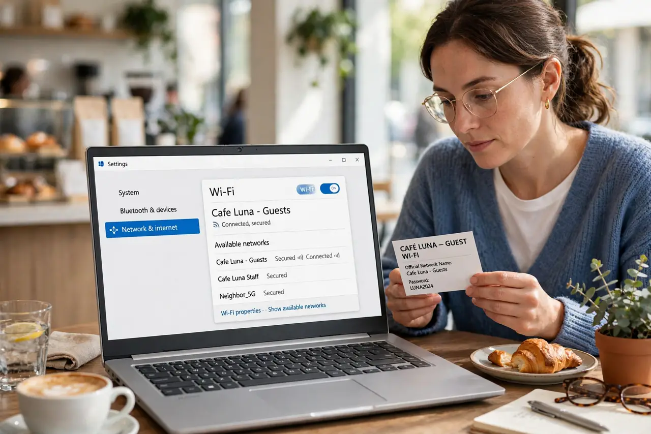 A person carrying out step one: verify the wi-fi name.