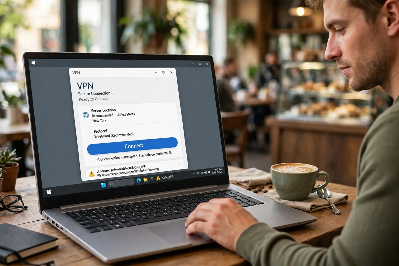 Photoreal photo of a person performing the first step: Use a VPN on public Wi-Fi. A virtual private network encrypts your traffic so others on the same café network cannot read it. Turn it on before joinin...
