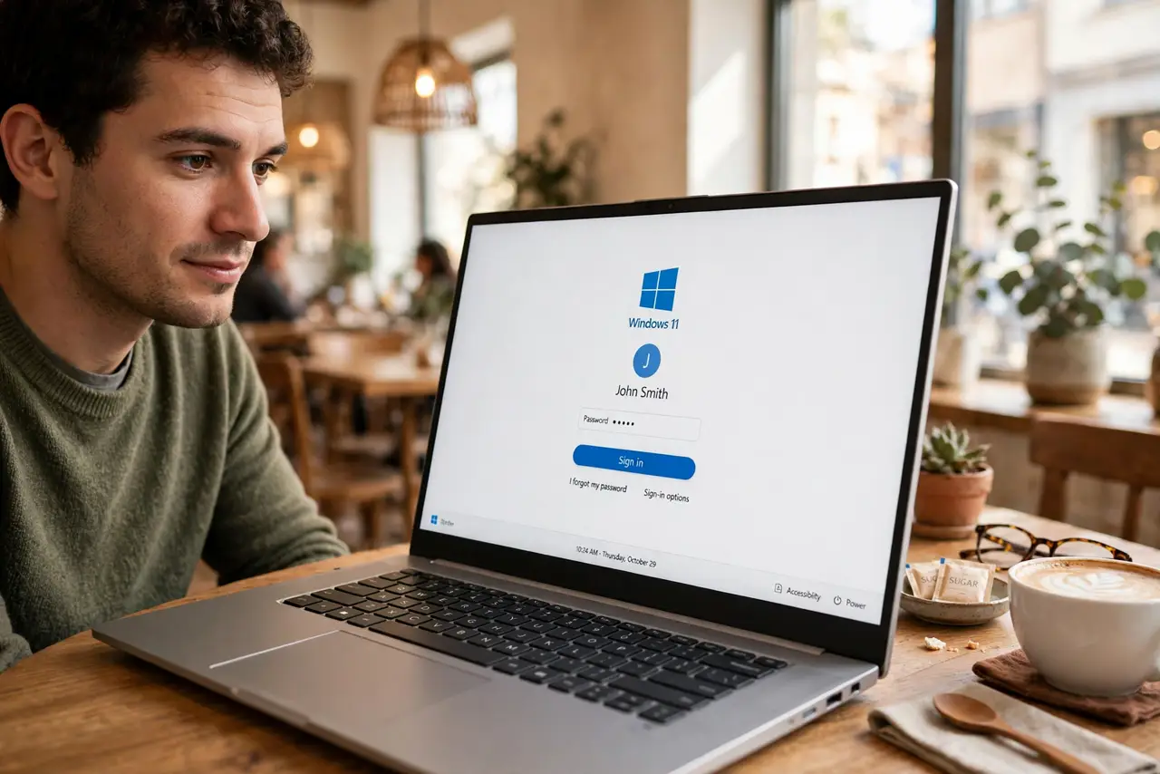 Photoreal photo: a person sitting at a real café table with a real laptop showing a login screen with legible text, a coffee cup nearby, the person glancing at the screen with a slightly cautious expression, warm café li