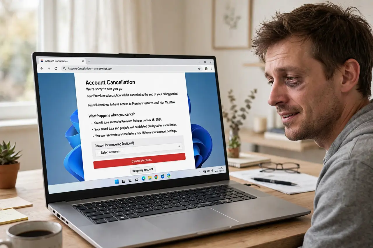 A person at a real Windows laptop showing a legible account cancellation page with a visible cancel button, the person's face relieved but tired, home office.