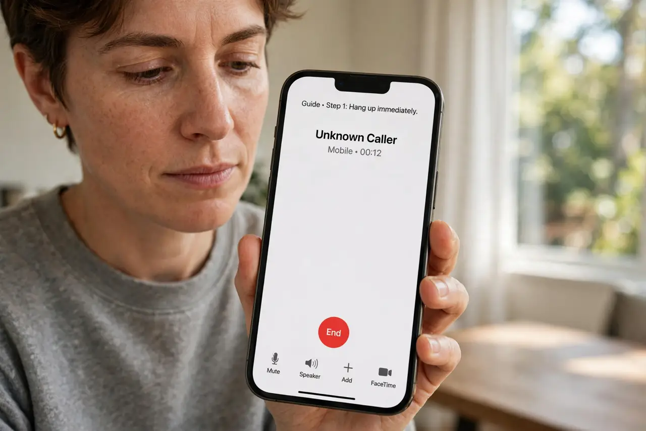 A person doing the guide's first step: Hang up immediately.