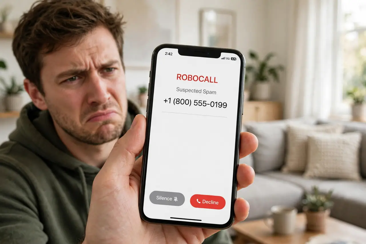 An annoyed person holding a real iPhone showing an incoming robocall with legible text on screen, the person's face exasperated, living room.