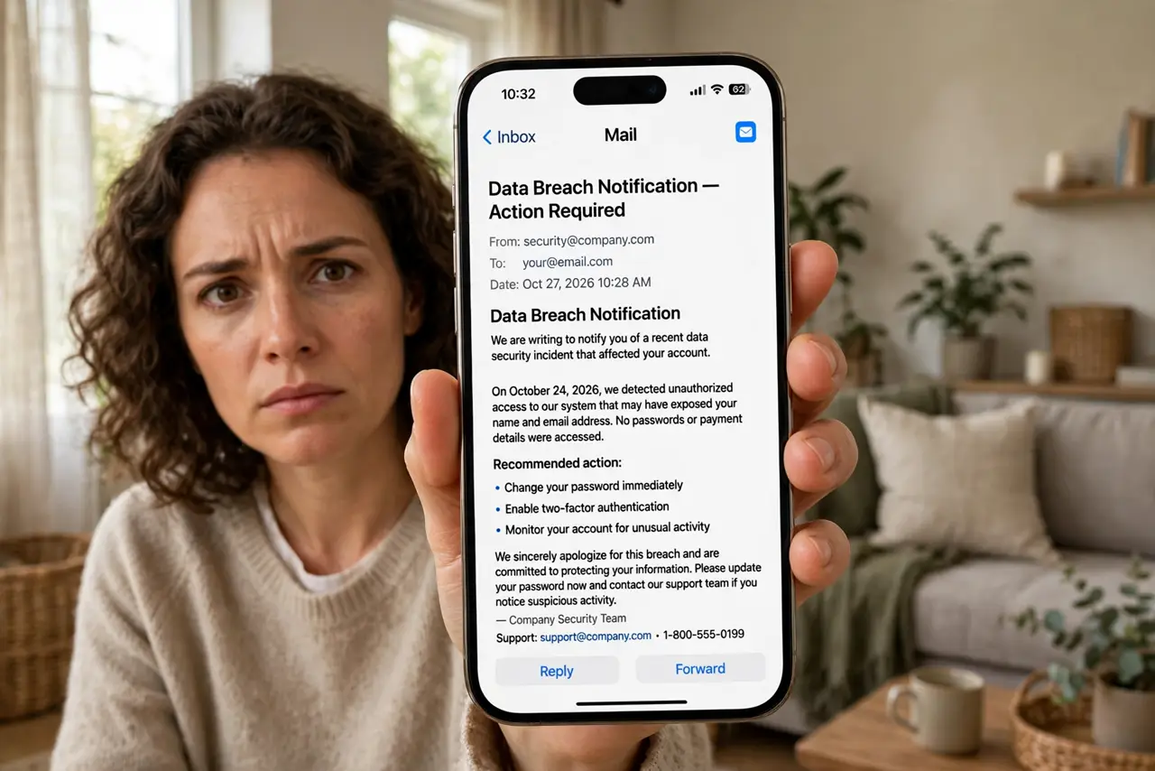 A person holding a real iPhone showing a legible data breach notification email, the person's face concerned but decisive, home living room.