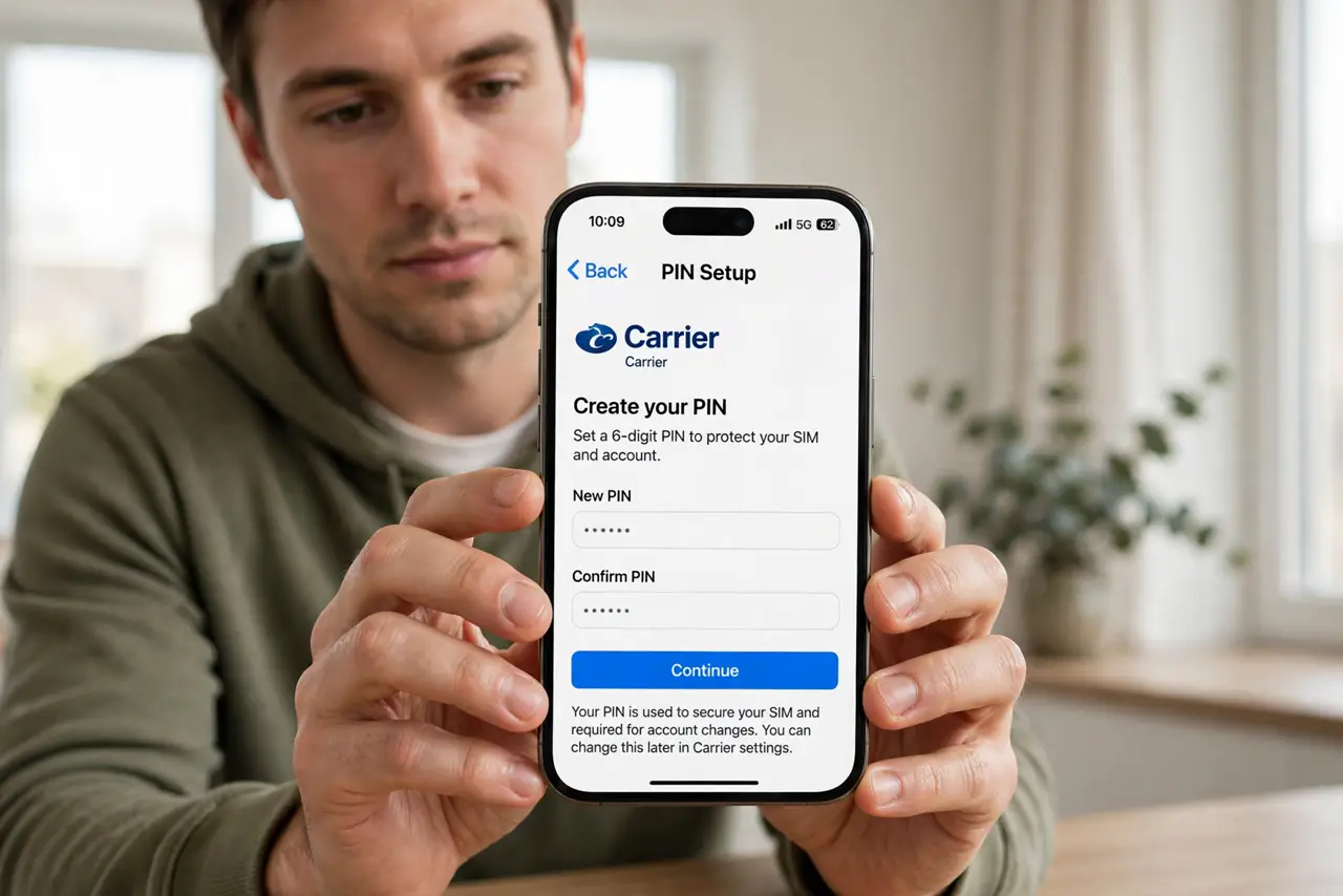 A person holding a real iPhone showing a carrier app's PIN setup screen with legible text, the person's face calm and focused, bright room.