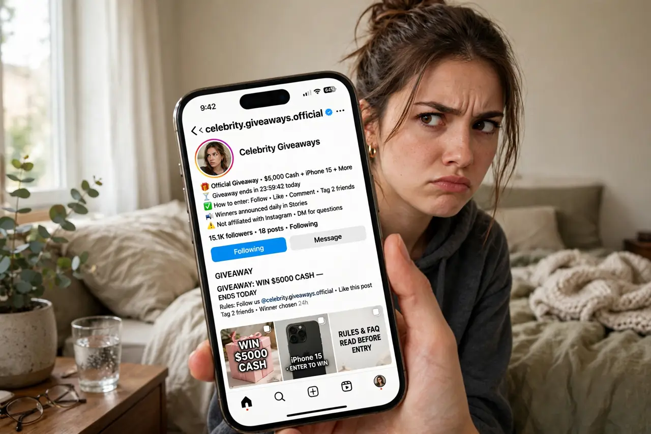 A person holding a real iPhone showing a legible social media profile claiming to be a celebrity giveaway, the person's face suspicious, bedroom.