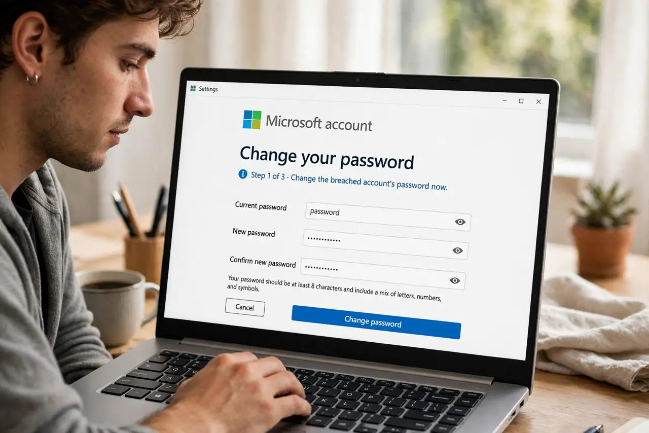 A person doing the guide's first step: Change the breached account's password now.