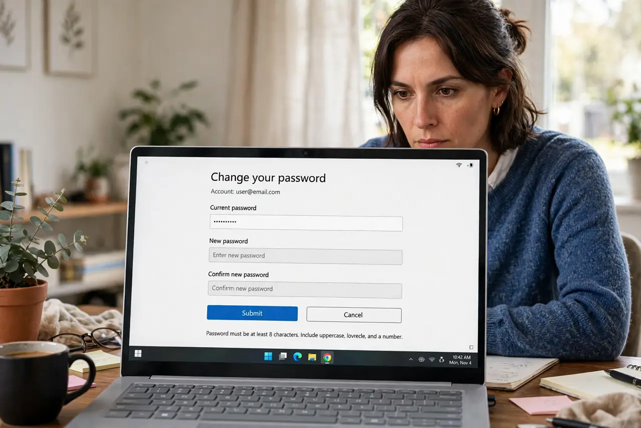 A focused person at a desk with a real laptop showing a password change screen with legible fields, the person's face serious and determined, home office.