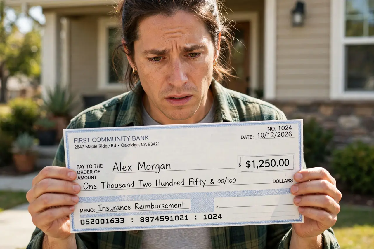 A worried person holding a real mailbox and a real paper check, examining it closely under good light, the person's face concerned and alert, suburban home…
