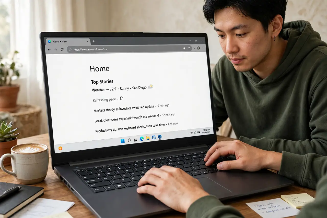 Photoreal photo of a person performing the first step: Try a hard refresh first. Ctrl+Shift+R (Windows) or Cmd+Shift+R (Mac) reloads the page bypassin