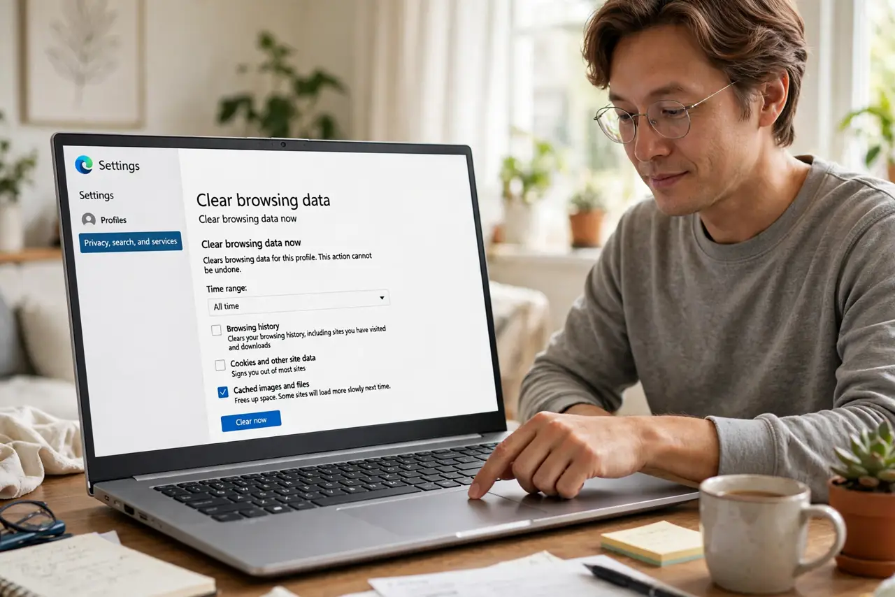 Photoreal photo: a person clicking a clear-browsing-data button in real browser settings with a legible cached-images option checked, the person's face calm and focused, home desk. No black screen, no blank white screen, no fake or ga